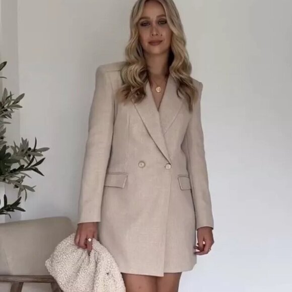 New Zara Double Breasted Lapel Collar Long Taupe Brown Blazer 8370/728/704 Large - Picture 1 of 10